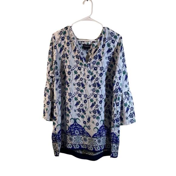 Liz Claiborne Career Floral Lightweight Split Neck Ruffle Cuffs Tunic Top XL - Picture 1 of 10